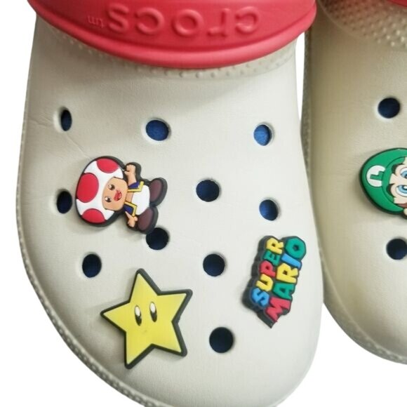 Crocs White Red‎ Blue Mario-Themed Jibbitz Charms Red Strap W8/M6 Unisex - Picture 2 of 14